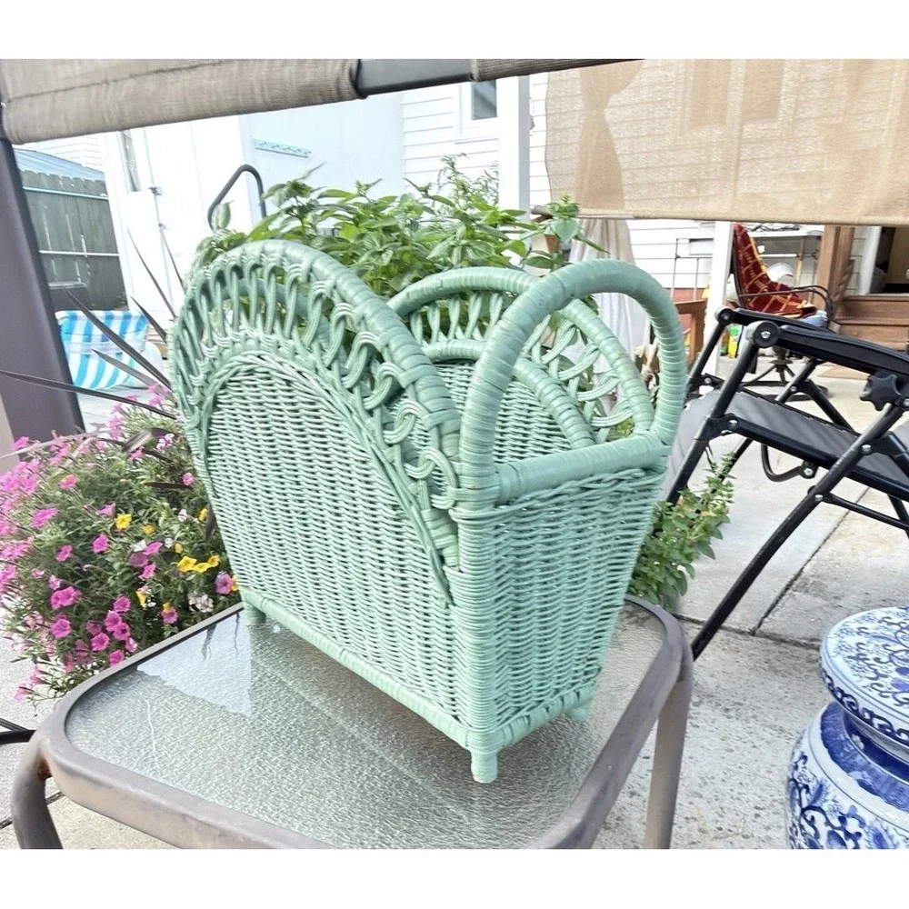 Vintage 1980s Seafoam Green Wicker Magazine Basket Boho Cottage Storage